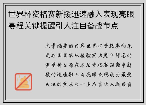 世界杯资格赛新援迅速融入表现亮眼赛程关键提醒引人注目备战节点