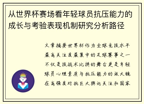 从世界杯赛场看年轻球员抗压能力的成长与考验表现机制研究分析路径