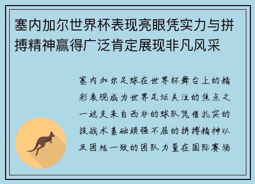 塞内加尔世界杯表现亮眼凭实力与拼搏精神赢得广泛肯定展现非凡风采